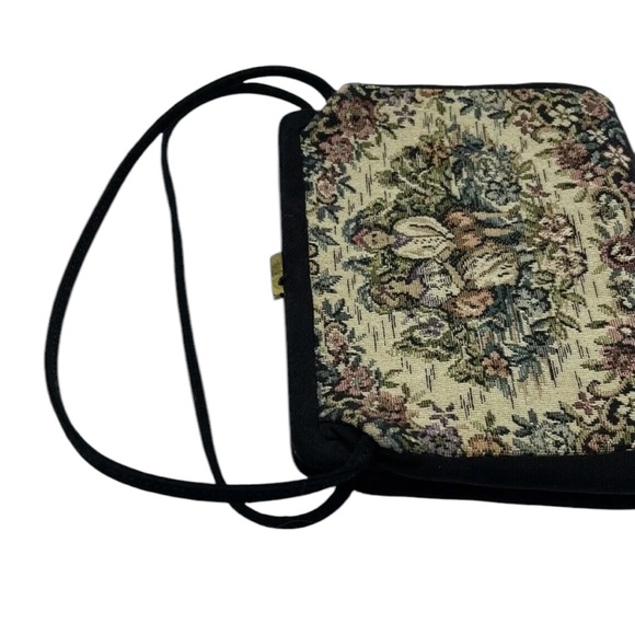 Vintage Tapestry Handbag Double Black Satin Handles Attached Satin Change Purse - Picture 3 of 11